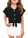 Haloumoning Girls Button Down Shirts Kids Short Sleeve Chiffon Blouses Textured Summer T Shirts Crop Top 5-14Y Black
