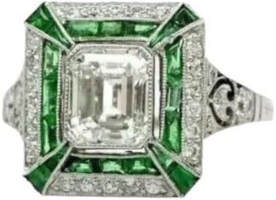 Art Deco Emerald Cut Lab Created Diamond & Emerald Engagement 925 Silver Ring4