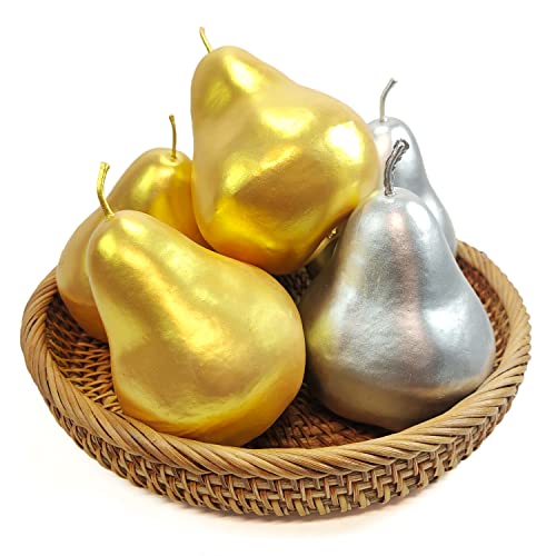 Lorigun 6 Pcs Artificial Golden Silver Pears, Fake Pears Artificial Golden Fruits For Christmas Décor Home Party Golden Silver Fruits Decoration Festival Props #TOP2