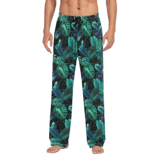 ALAZA Retro Palm Leaves Geometric Men’s Pajama Pants Soft Long Sleep Pants Lounge Pajama Bottoms with Pockets
