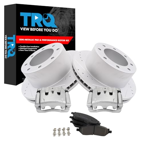 Image of TRQ Rear Performance Brake Pad, Caliper, & Rotor Kit Semi-Metallic Vented Premium G-Coated Compatible with 2005-2007 Ford F-250 Super Duty F-350 Super Duty