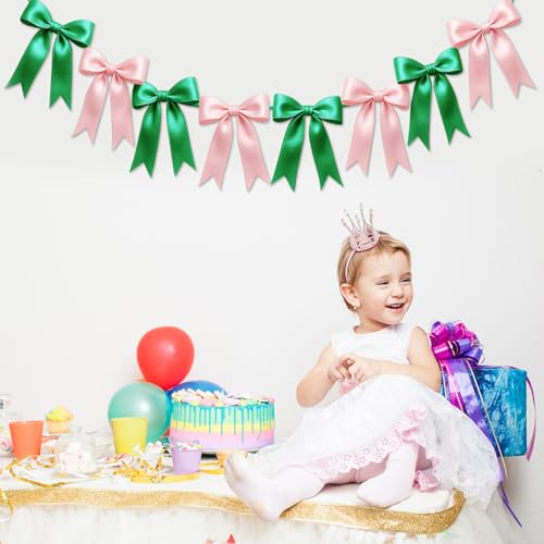 Image of 1 String of 8PCS Pink&Green Bow Garland Banner Wicked Party Decoration,Pre-Strung Satin Ribbon Ornaments for Birthday,Bachelorette Party,Wedding,Engagement,Baby Shower,Graduation Decor,Anniversary