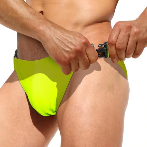 Bañador retro para hombre, con botones laterales, para natación, surf, deportes, secado rápido, traje de baño, amarillo claro, XL