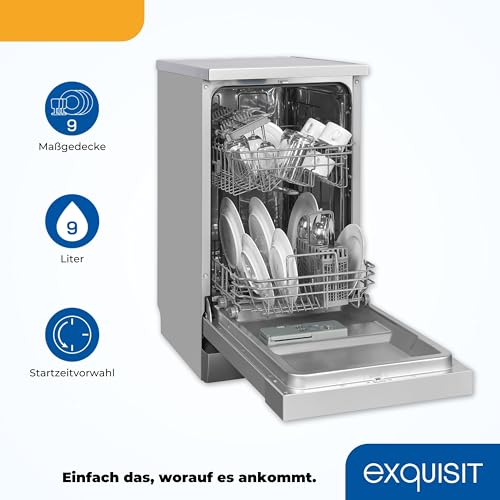 Exquisit Geschirrspüler | 9 Maßgedecke, Energieeffizienzklasse E, 49 dB(A) | schmal, kompakt, 7 Programme, Eco, Intensiv, Kurz, Extra-Trocknung, Startzeitverzögerung | GSP9309-030E silber
