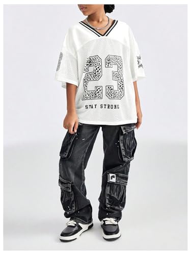 Image of BEAUDRM Girl's Jersey Shirts Leopard Number Print Jersey Shirt Cheetah V Neck Half Sleeve Oversized Tee Tops