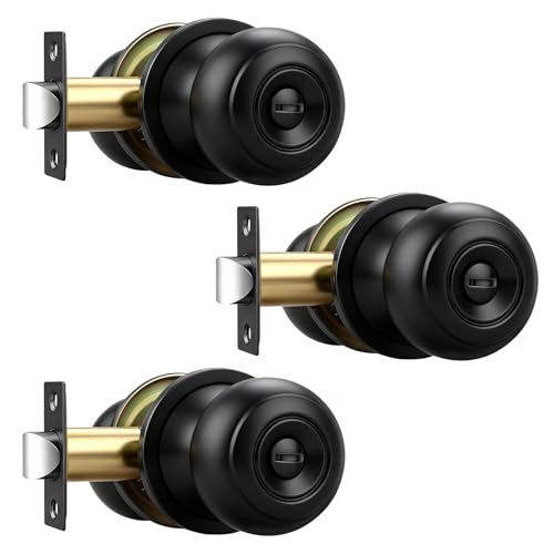 Brotima 3 Pack Black Door Knobs Interior Bathroom Bedroom Door Knob Matte Black Privacy Door Knob Round Ball Flat Black Doorknob Keyless Black Interior Door Knob Indoor Bedroom Door Knobs
