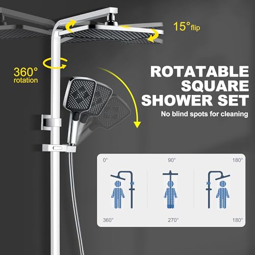 SonTiy Rainfall Shower Set, Square Swivelling Riser Rail With Large Overhead & Handheld Shower, Brass Diverter, 3 Jet Types, 5-Year Warranty, Chrome