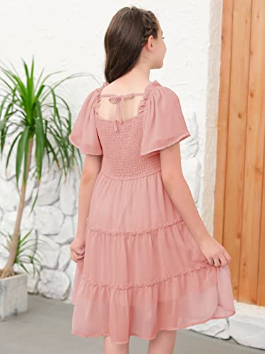 Kingdenergy Girls Summer Chiffon Casual Dress Square Neck Ruffle Short Sleeve Frilly Smocked Elastic Ruffle Hem Tulle Dresses Pink #TOP6