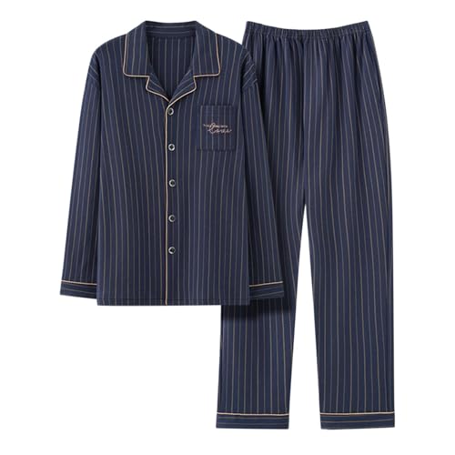 Mens Cotton Pajama Set, Long Sleeve Soft Pajamas for Men Lapel Neck Button Down Top and Pants Pajama Set with Pocket3