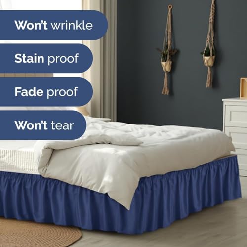 Image of Bed Skirt - Wrap Around Dust Ruffle Bed Frame Cover with Easy Fit Elastic Strap, Queen Size 15 Inch Drop, Microfiber Pleated, Machine Washable | Navy Blue