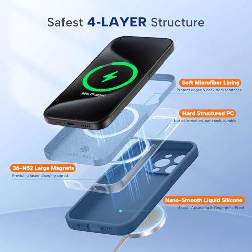 Image of Miracase Magnetic for iPhone 15 Pro Case, [Soft Anti-Scratch Microfiber Lining], Compatible with MagSafe, Liquid Silicone Shockproof Drop Protection Phone Case for 15 Pro, Glass Blue