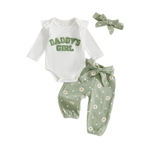 Image of Tsnbre Newborn Baby Girl Outfits Daddys Girls Ruffle Long Sleeve Romper Top Pants Headband Infant Fall Winter Clothes