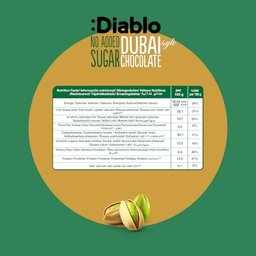 Diablo No Added Sugar Dubai Chocolate Bar – Smooth & Rich No Added Sugar Chocolate for All, Great for Gifting on Christmas, Birthdays, Valentines & More, Ideal Snack for Adults & Kids, 200g Pack of 6