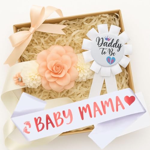 Image of Wanna Party Mom to Be Sash Baby Shower Decorations Set,Maternity Belly band, Mom to be Sash and Dad to Be Pin Badge-Party Gift for Baby Shower Gifts for Expectant Parents
