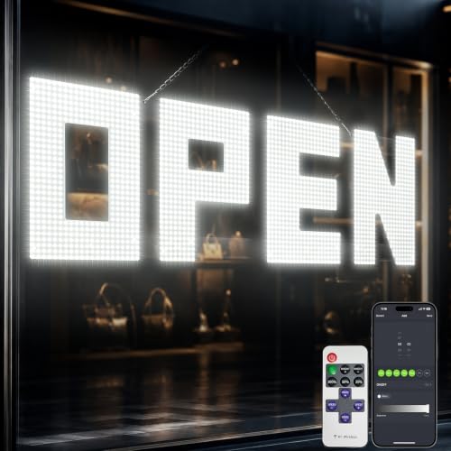 Image of 50 inchx17 inch Large LED Open Sign with Remote and Bluetooth App, Super Bright Open Signs for Business, Dimmable Big Open Sign for Storefront Window Bar Salon Cafes Retail Shops White