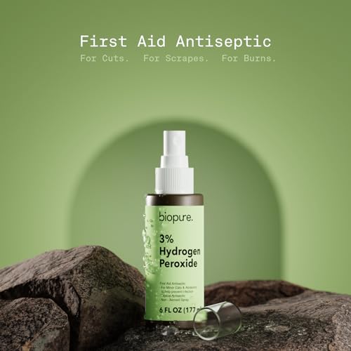 Image of Biopure Hydrogen Peroxide 6 Fl Oz Spray - Convenient Non-Aerosol Spray Bottle with 3% Hydrogen Peroxide| Hydrogen Peroxide 3% First Aid Topical Antiseptic for Minor Cuts and Abrasions (24-Pack)