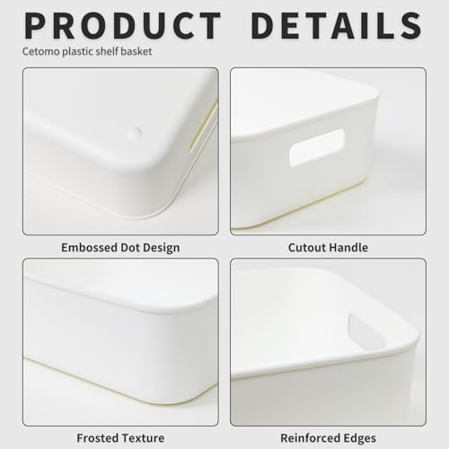 Cetomo 8Lx6 Aufbewahrungskorb, Kunststoff Aufbewahrungskörbe mit Griffen, Stapelbare Organizer Box für Regal, Küchenschrank, Badezimmer, Aufbewahrungsbox ohne Deckel, Weiß, 8L-6er Set (35 * 27 * 9cm)