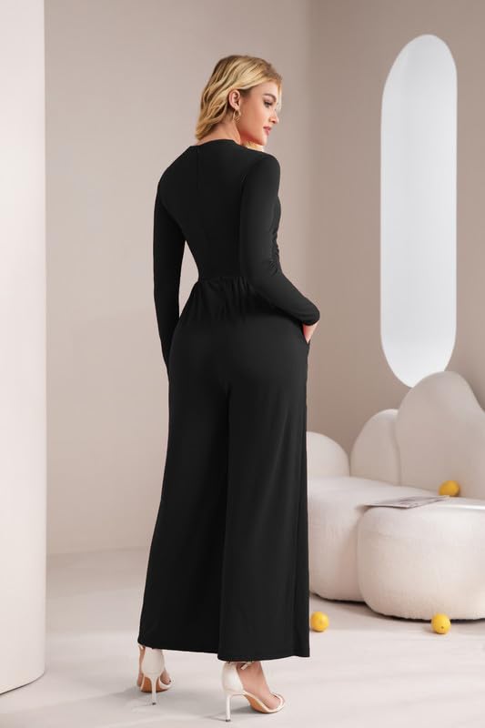 Combinaison Femme Chic et Élégant Manches Longues Col Mock Jumpsuit Slim Fit Taille Haute Pantalon Large avec Poches Casual Combinaisons Fluide Combi Automne pour Cocktail Mariage Soirée