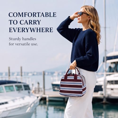 Image of LOVELYWIND Lunch Box for Women, Insulated Lunch Bag, Burgundy Stripe Tote