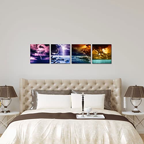 Lyerartork 4 Pieces Lightning Seascape Wall Art Stormy Sea Ocean Wave Picture Prints On Canvas Nature Weather Poster Prints For Home Office Artwork Wall Decor Framed And Ready To Hang 12X12Inchx4Pcs (Small) #TOP3