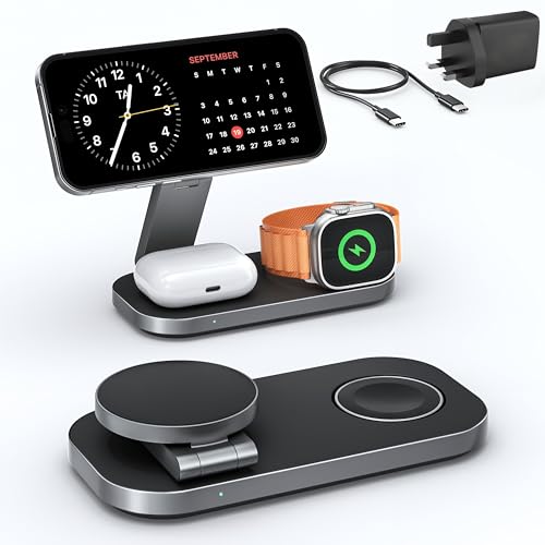 3 in 1 Wireless Charging Station - Foldable Wireless For iPhone Apple Watch And AirPods | Travel-Ready iPhone Magsafe Charger Stand | Compact Fast Charge Stand | Adapter Included (Black)