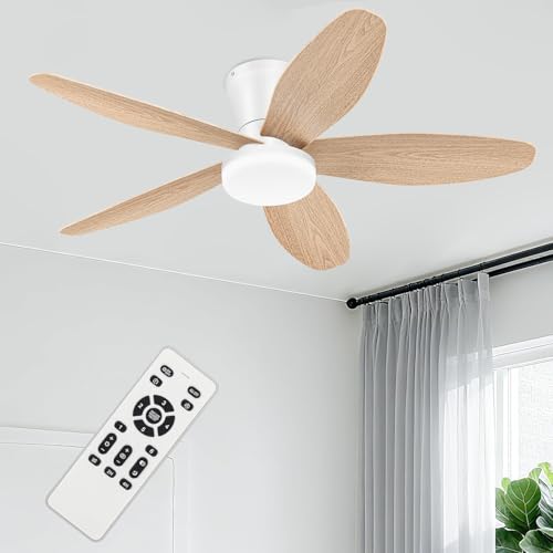 Image of Ceiling Fans with Lights - 42 Inch White&Wood Flush Mount Ceiling Fan 6-Speed Wind, Quiet Reversible DC Motor, 3 Color Dimmable Lighting, Small Low Profile Ceiling Fans for Living Room /Bedroom
