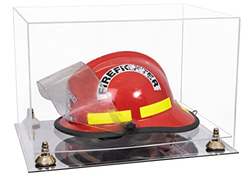 Better Display Cases Acrylic Fireman's Helmet Display Case - Large Rectangle Box with Clear Case with, Gold Risers and Mirror Base 18