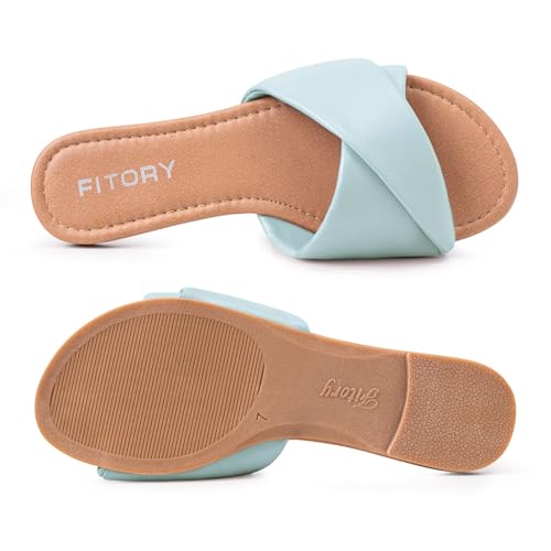 Image of FITORY Women's Flat Sandals Fashion Slides With Soft Leather Slippers for Summer Size 6-11