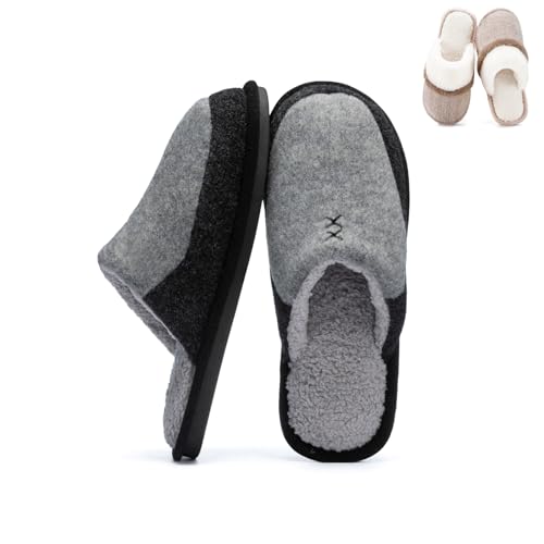 Mens Two-Tone Scuff Slippers and Cozy Slippers for Women Indoor and Outdoor Fuzzy House Shoes with Memory Foam Anti-Skid Sole Gifts for Women Mom Men Him Dad