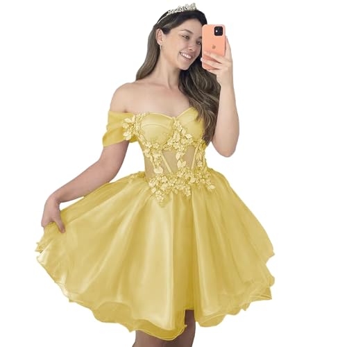 Mouccy 3D Flower Short Homecoming Dresses for Teens Pearly Lace Appliques DAMA Dress for Quinceanera Tulle A-line Prom Gown