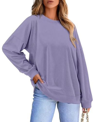 KISSMODA Women's Casual Long Sleeve Sweatshirt Color Block/Solid Crewneck Corduroy Pullover Cute Tops