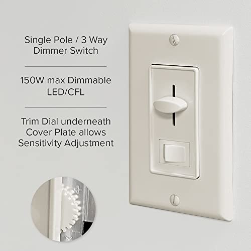 Maxxima Led Dimmer 3-Way/Single Pole Electrical Light Switch, 600 Watt Max, Led Compatible, Wall Plate Included - Almond #TOP2