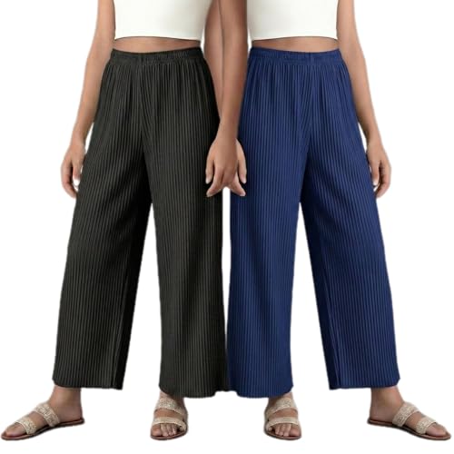 Image of Set of Combo Trouser and Pants for Girls and Women's Relaxed Fit Stretchable Regular Fit Palazzos Lightweight Elastic Waistband Bottoms for Daliy Office & Casual Wear