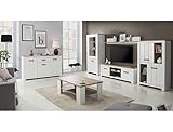 expendio Wohnzimmer Eike 31 weiß Eiche Bianco 6-teilig Wohnwand TV-Wand Vitrine Highboard Lowboard Wandregal Couchtisch Sideboard