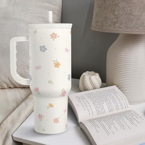 Image of Floral 40oz Slider Tumbler with Handle and Straw - Insulated Stainless Steel Travel Coffee Mug for Women Girls, Gift for Birthday Christmas