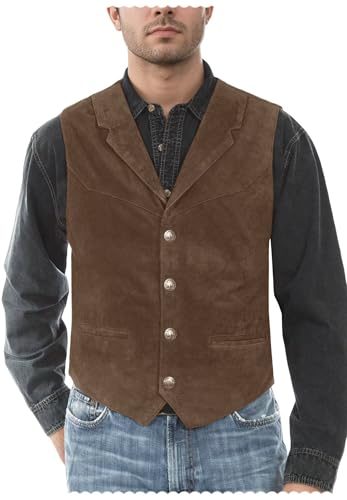 Men's V-Neck Suede Suit Vest Business Cowboy Faux Leather Waistcoat with Pockets3