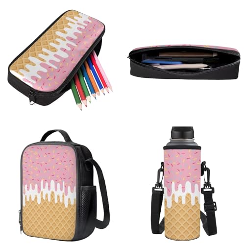 Ice Cream Printed 4 Pcs School Backpack for Kids Girls, Portable School Bag Large Capacity Students Knapsack with Lunch Box Water Bottle Holder3