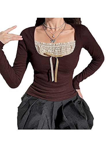 Women's Long Sleeve Knitted Y2K Tops Lace Patchwork Tees Teen Girls Vintage Slim Blouse Fall Clothes3