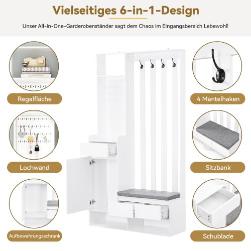 Flurgarderobe Garderobenset Garderobe Stecktafel mit Sitzbank & Stecktafel - Weiß, Schuhschrank Multifunktional mit 4 Haken & gepolsterter Bank, schmale 100 cm Breite für Eingangsbereich & Waschküche