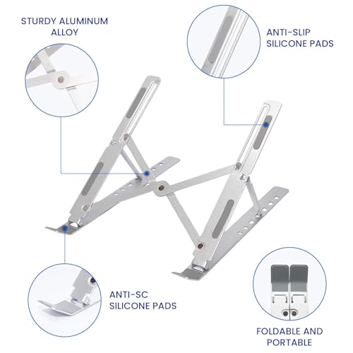 Image of 7 Angles Adjustable Aluminum Ergonomic Foldable Portable Tabletop Laptop Stand Riser Holder Compatible with HP, Dell, MacBook, Lenovo & All Other Notebook Silver