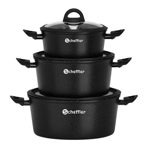 Topfset Induktions Scheffler Kochtopf Induktion Töpfe Set 6-teilig,Antihaft-beschichtete Topfe,Kochtopf Set mit Glasdeckel,Spülmaschinenfest-Black(HL-21PS62)
