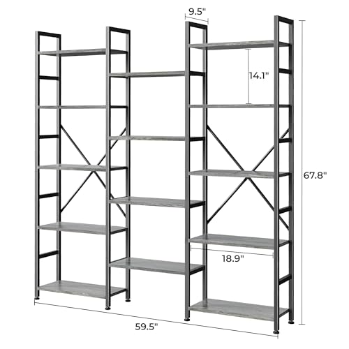 Image of SUPERJARE Triple Bookshelf, Bookcase with 14 Open Display Shelves, Wide Book Shelf Book Case for Home & Office, 5 Tier, Grey