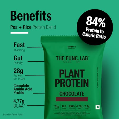Image of The Func. Lab Plant Protein - Chocolate Travel Packs | (4 * 35g Sachets) Pack of 2 | 28g Protein per Scoop | Pea and Rice Blend | Vegan, Sugar‑Free, 100% Clean Label, Gut Friendly, Vegetarian