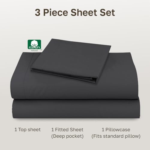 Image of California Design Den Twin Sheets Set - Natural 100% Cotton Sheets with 12 inch Pockets, Soft Sateen, Breathable and Durable Bedding Set for Dorm Rooms, College Dark Grey (Black Tone)