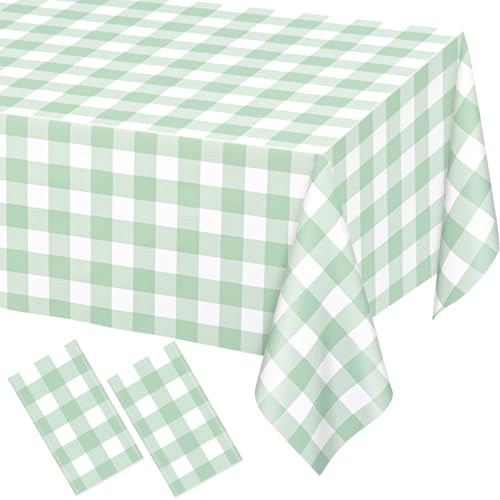 Image of WNINK 2 Pack Sage Green Checkered Rectangular Plastic Tablecloths, Green Gingham Waterproof Disposable Table Covers 54 inch x 108 inch for Birthday, Baby Shower, Wedding, Outdoor Picnic Parties