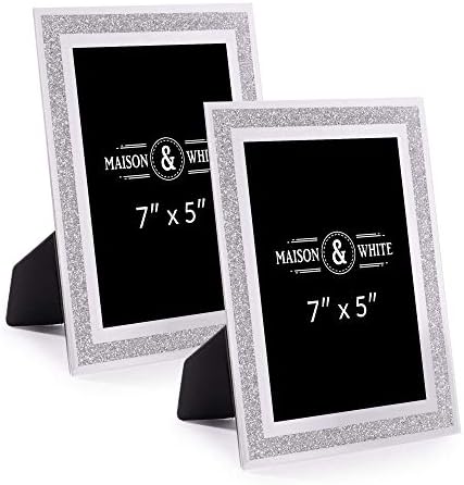 Glass Sparkle Photo Frames 5" x 3.5" - Set of 2 | Freestanding Photo Frames | Home Office Display | Glitter Photo Frame | M&W (5x3.5 Inch)