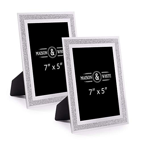 Glass Sparkle Photo Frames 7" x 5" - Set of 2 | Freestanding Photo Frames | Home Office Display | Glitter Photo Frame | M&W (7x5 Inch)