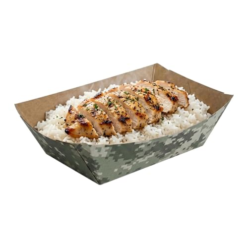 Restaurantware-Bio Tek 1/2 Pound Food Trays, 50 Disposable Paper Food Trays - Heavy-Duty, Greaseproof, Camouflage Paper Food Boats, For Snacks, Appetizers, Or Treats, Use At Parties Or Carnivals