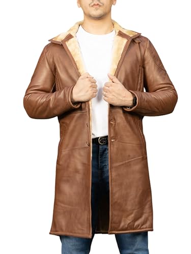 Image of Jild Shearling Leather Trench Coat Men Stand Collar Warm & Stylish Real Lambskin Long Leather Jacket Men Coats Winter