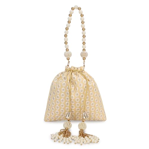 Image of LONGING TO BUY Indian Embroidered Pearl Potli Bag For Women, Sequence Design with Tassel, Wedding Potli Bags